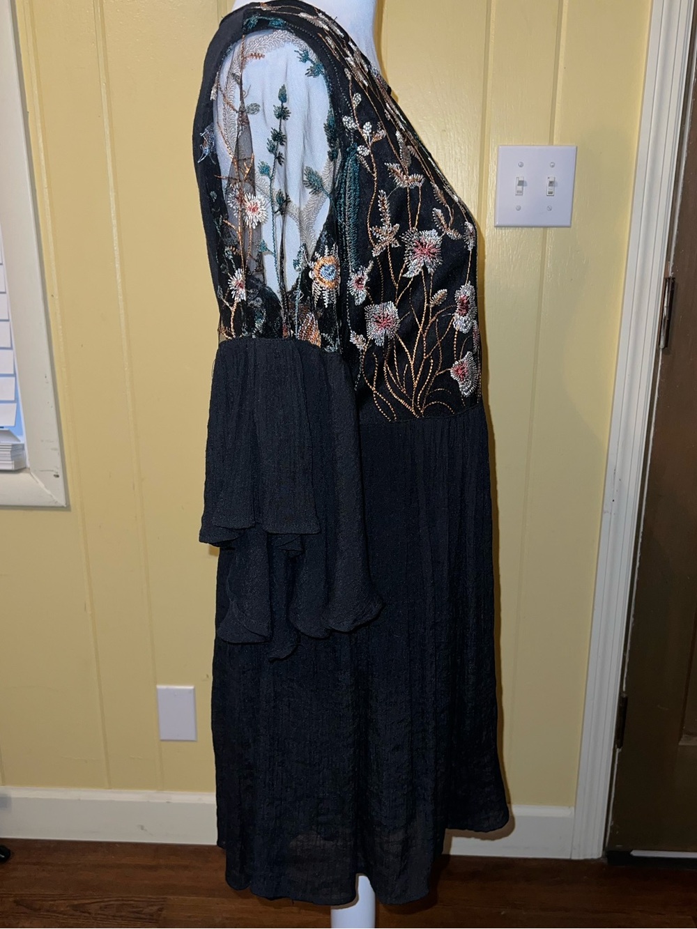 Embroidered Black Babydoll Dress Wide Flutter Sleeve Floral Sheer Fairy Size S - Picture 3 of 11